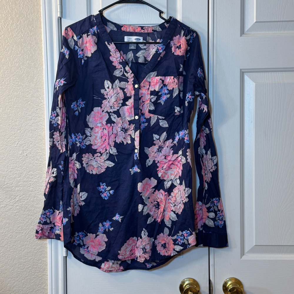 Navy Blue Pink Floral Lightweight Old Navy Tunic Top Cotton Semi-Sheer Sz Med